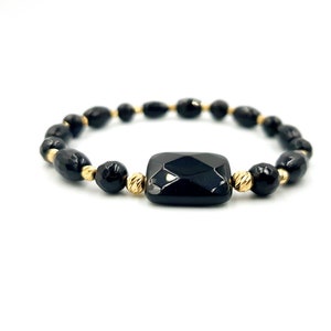 GOLD Bracelets/Bracelet in 14k Yellow SOLID GOLD/Beaded Bracelets/ Black Onyx Natural Stones Bracelet/Perfect Gift for Women and Men