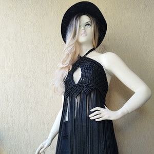 Bohemian style Macrame Fringe Black Dress • Shiny Festival Outfit, Burning Man Party Dress • Boho Sheer Beach Cover Up • Rave Birthday