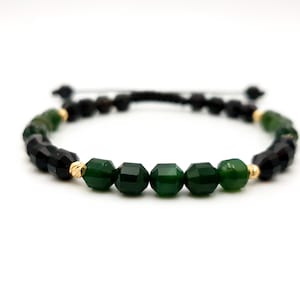 14k Gold Bracelet with Natural Onyx and Green Agate Beads, Adjustable Solid Gold Jewelry for Women & Men, Semi-Precious Stone Gift Bracelet