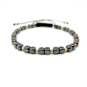 14k Yellow SOLID GOLD Bracelet//Gold and Hematite  Natural Stones Bracelet/Gift Bracelets for Women&#39;s and Men&#39;s