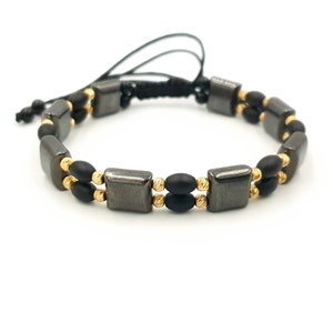 14k Yellow SOLID GOLD Bracelet/Gold Bracelets/ Hematite  Natural Stones Bracelet/Gift Bracelets for Women and Men