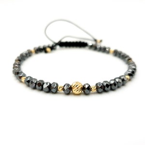 14k yellow Solid Gold Bracelet and Hematite Stone/Natural Stones Bracelet/Pure Gold Jewelry Bracelets for Men&#39;s and Women&#39;s