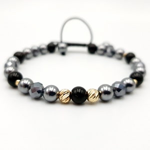 14k yellow Solid Gold Bracelet/Natural Stones Terahertz and Onyx Bracelet/Pure Gold Jewelry/Bracelets for Men&#39;s and Women&#39;s