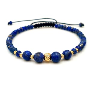 14K Yellow Gold Beads and Natural Lapis Lazuli Bracelet, Solid Gold Jewelry, Men&#39;s and Women&#39;s Semi-Precious Stone Bracelet, Elegant Jewelry