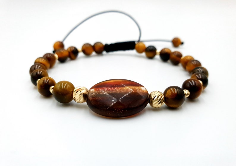 14k yellow Gold Bracelet and Tiger Eye beadsNatural Stones BraceletPure Gold JewellryGold BraceletsGift for Men/'s and Women/'s