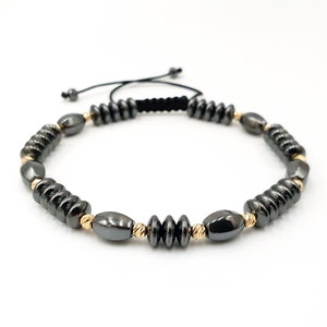 14k Solid Yellow Gold & Hematite Bracelet | Real Gold Beads | Unisex Natural Stone Bracelet | Gift for Him  and Her