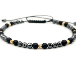 14k Yellow SOLID GOLD Bracelet/Beaded Bracelets  Natural Stones Onyx ,Hematite Bracelet/Perfect Gift for Women&#39;s and Men&#39;s/Gold Jewelry
