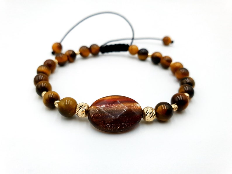14k yellow Gold Bracelet and Tiger Eye beadsNatural Stones BraceletPure Gold JewellryGold BraceletsGift for Men/'s and Women/'s