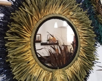 Espelho de parede boho com ráfia natural, espelho decorativo redondo rústico, peça de decoração para casa.