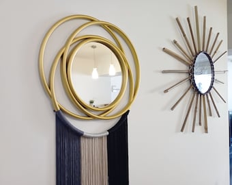 Round Mirror With Gold Edge and Macrame, Decorative Wall Mirror,Wall Decor Mirror