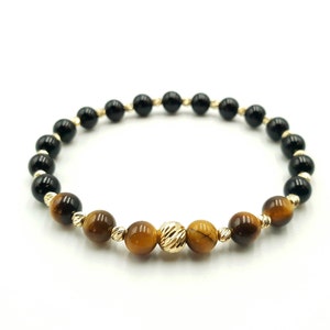 Gold bracelets, 14K solid gold and semi-precious stones bracelet for men and women | Onyx & Tiger Eye beads,  elegant natural jewelry