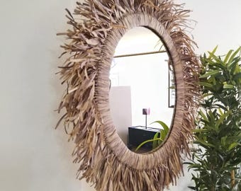 Espejo de pared estilo bohemio con rafia natural, espejo decorativo redondo rústico, elemento decorativo para el hogar.