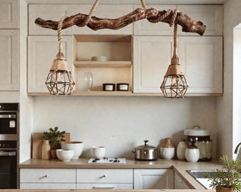 Houten hanglamp, rustieke plafondverlichtingsarmatuur, boerderijkroonluchter