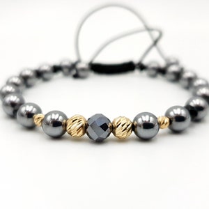 14k yellow Solid Gold Bracelet/Natural Stones Terahertz and Onyx Bracelet/Pure Gold Jewelry/Bracelets for Men&#39;s and Women&#39;s