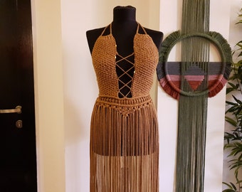 macrame dress , birthday dress , shiny material ,crazy party dress , festival dress ,fringed dress , brown dress ,boho dress ,hematite stone