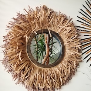 Raffia Wall Hanging Mirror, Boho Round Mirror, Neutral Natural Decor, Rustic for Living Room, Custom Wall Art