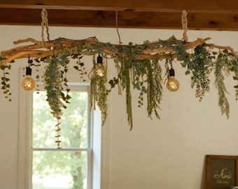 Rustic Wood Chandelier Lighting, Personalized Decor, Boho Ceiling Light, Bohemian home decor
