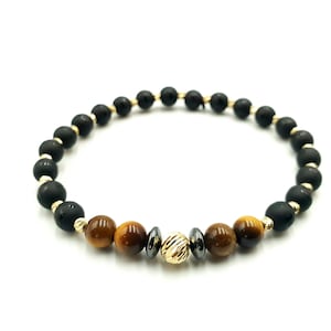 Gold Bracelet 14k Yellow Gold and Natural Stones Beaded  Bracelet for Women & Men,  Semi-Precious Stone Jewelry, Onyx and Jasper Beads