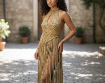 Gold Macrame Dress Cover Up Fringe Top for Beach  Festival Handmade Boho Outfit