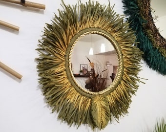 Espelho de parede boho com ráfia natural, espelho decorativo redondo rústico, peça de decoração personalizada para casa.