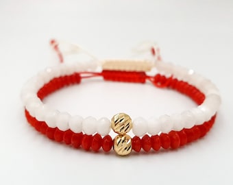 Solid Gold Bracelet beaded with Jade and Coral Stones, Custom Jewelry