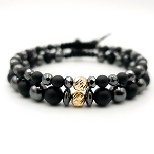 Set 2 Bracelets/14k yellow Solid Gold Bracelet/Bracelet with Natural Stones Hematite and Onyx/Luxury Jewelry/Gold Bracelets for Couple