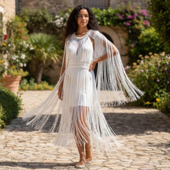 White macrame dress with fringes Festival maxi outfit Backless dress for occasions