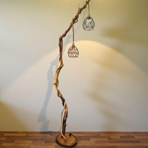 Rustic Wood Floor Lamp Rope and Metal Cage Lights Customizable
