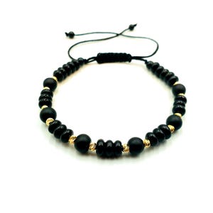 Gold onyx bracelet, unisex adjustable  jewelry, handmade 14k solid gold natural stone gift, minimalist black onyx beads, luxury bracelet