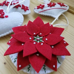Christmas flowers, Red and white Poinsettia, Handmade felt ornaments, Xmas tree decoration