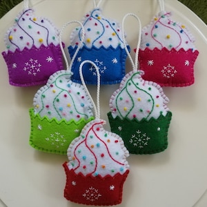 Handmade Christmas ornaments for tree, Felt cupcakes with sprinkles and snowflake