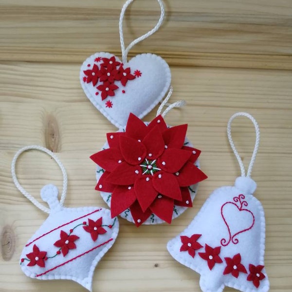 Christmas flowers, Red and white Poinsettia, Handmade felt ornaments, Xmas tree decoration