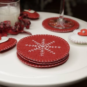 Christmas Felt coasters with snowflake, Winter table decoration Red + white snow.