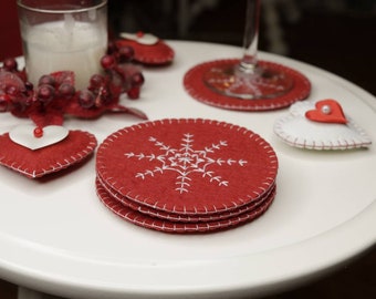 Christmas Felt coasters with snowflake, Winter table decoration