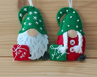 Handmade Felt Christmas Gnome Ornaments: Scandinavian Elves, Set of 2