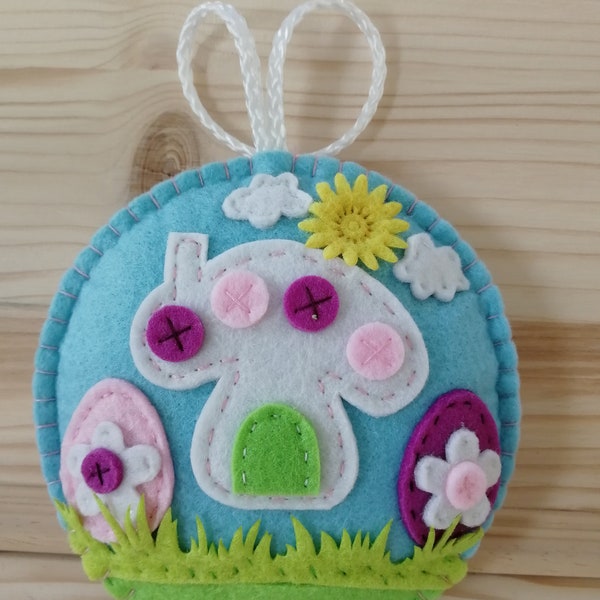 Easter felt ornaments, Pastel plushies with bunnies, mushroom house, butterflies and flowers