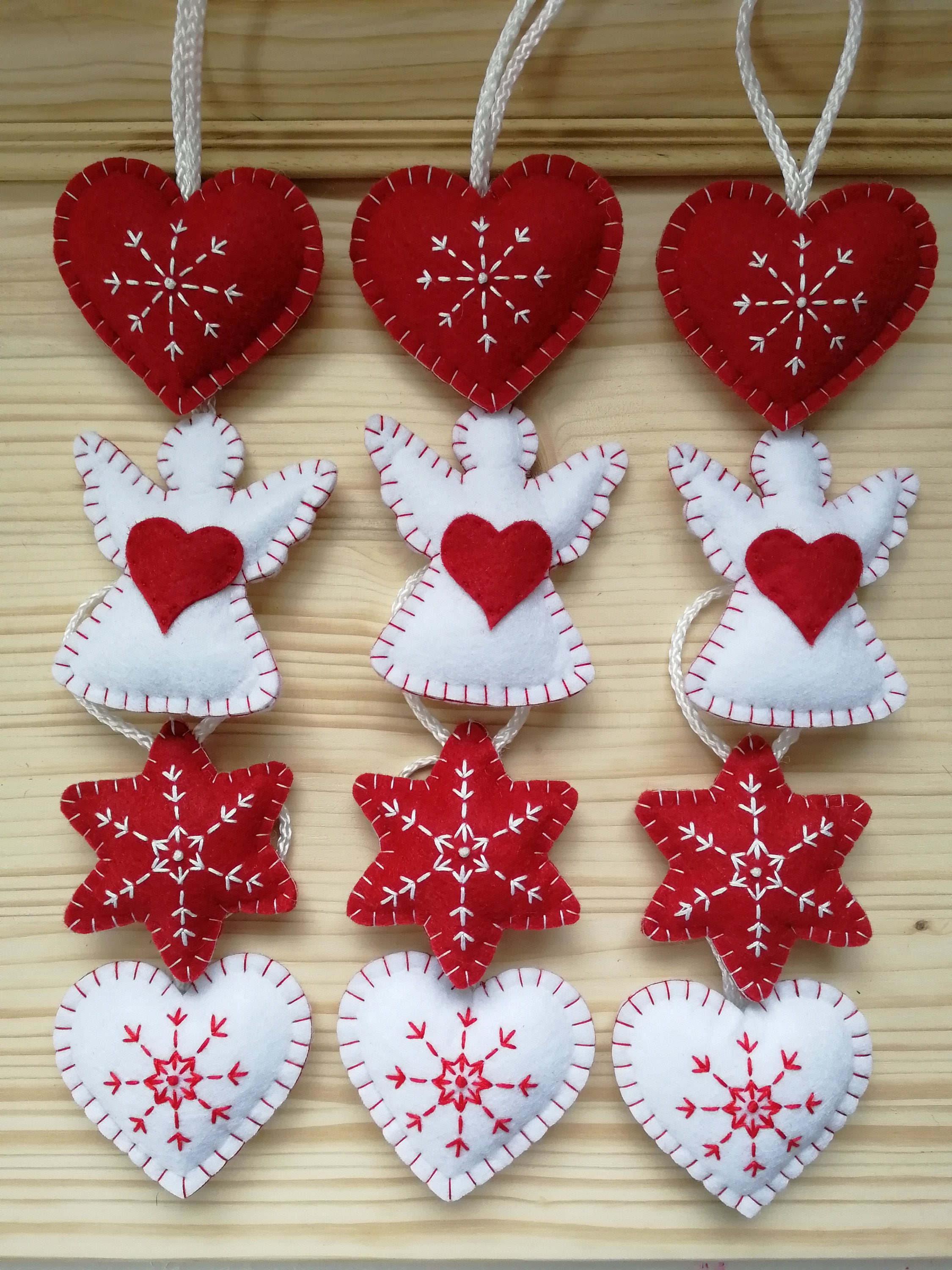 Felt Christmas Ornaments Set: Red & White Hearts, Angels