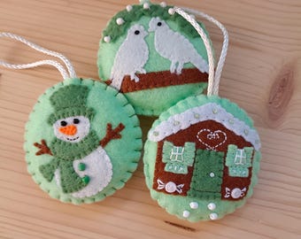 Soft felt Christmas ornaments: turtle doves, snowman and gingerbread house
