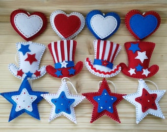 4th of July decoration, Patriotic felt ornaments, Blue-Red-White Stars