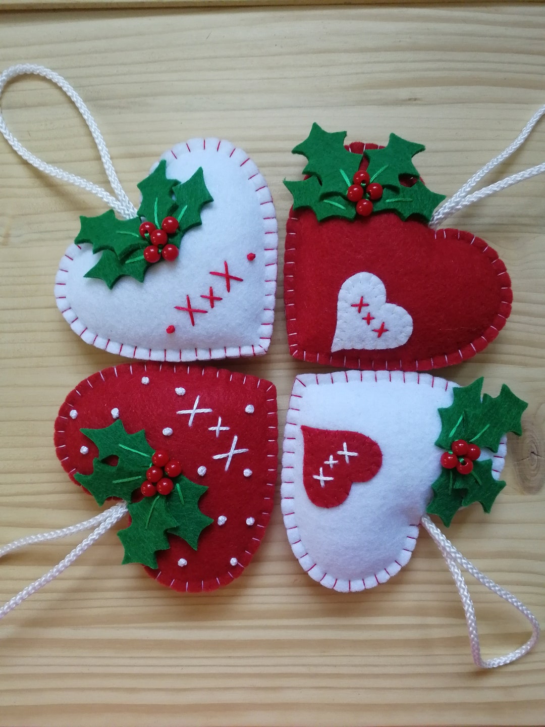 Christmas Hearts With Mistletoe Red and White Felt Ornaments - Etsy