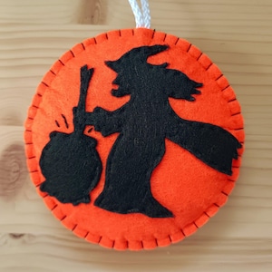 Felt Halloween Ornaments, witch on broom, witch with cauldron, Black and Orange fall decor