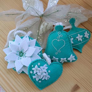 Mint blue Christmas ornaments, White Poinsettia flower, Felt handmade Christmas decorations