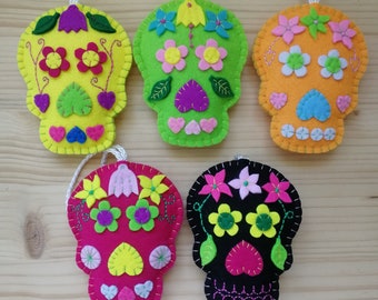 Colorful Sugar skulls, Day of the Dead decoration, Hanging Felt ornaments