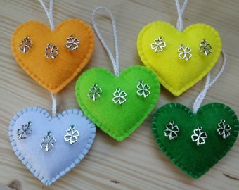 St. Patrick's ornaments, Felt Hearts with shamrock, Mini St. Patrick decoration
