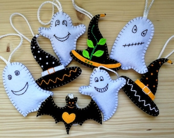 Felt Halloween Ornaments: Ghosts, Witch Hats, Bats (set of 8 or 10)