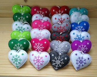 Embroidered Snowflake Felt Heart Ornament: 2 Christmas Tree Decorations