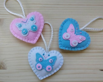 Felt Easter decoration, Small hearts with butterflies and eggs with lace