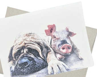 Mastiff and Pig Greeting Card, Blank Inside (5x7 Inches)