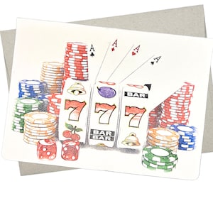 May include: A cartoon illustration of a slot machine with three sevens showing. The machine is surrounded by stacks of poker chips and playing cards. The cards are all aces.