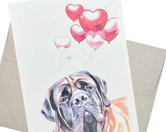 English Mastiff Card, Heart Balloons, Anniversary, Valentine's Day